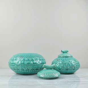 欧式地中海复古田园风陶瓷浮雕圆形蓝绿储物装饰罐家居台面装饰品