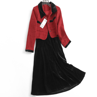 小香名媛风外套女秋冬装，气质淑女红色毛呢，两件套装裙长裙m158