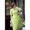 法式复古风情天然苎麻面料，v领绿色，印花连衣裙收腰显瘦气质长裙
