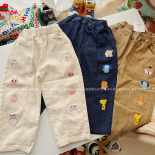 日系miki梭织卡通动物刺绣，长裤春秋男女童，可爱宽松小兔小熊裤子
