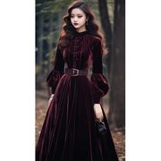 新中式女装国风正式场合礼服长裙气质超好看紫红丝绒连衣裙子秋冬