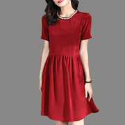 欧美高端气质钉珠圆领短袖，褶皱简约桑蚕丝，红色连衣裙荷叶边真丝裙