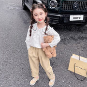女童春装娃娃领衬衫套装2024儿童洋气时髦韩版休闲棉麻两件套