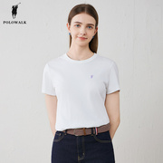 polowalk女士短袖t恤2024夏季圆领白色t恤纯棉透气百搭上衣