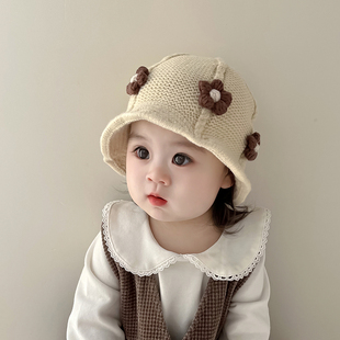 女宝宝帽子秋冬季韩版手工，花朵毛线渔夫帽婴儿洋气可爱女童针织帽