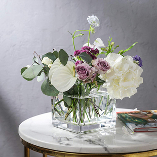 餐桌花瓶玻璃水培养插鲜花器方形透明现代简约蜡烛台加厚家居摆件