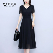 黑色雪纺连衣裙2024女夏季高端精致气质显瘦高级感中长款裙子
