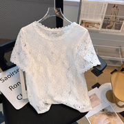 白色气质蕾丝镂空短袖2024夏季上衣女，显瘦韩版简约洋气百搭t恤衫