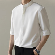 轻熟立领衬衫男短袖商务，通勤休闲百搭速干修身高级感白衬衣