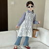 韩系童装女童衬衫，2024春秋女宝宝蕾丝，连衣裙儿童竖条衬衣女孩上衣