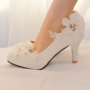 春夏新娘鞋结婚白色花朵蕾丝珍珠绣花婚鞋伴娘鞋宴会大码女鞋