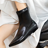 欧美靴子女2023年尖头短靴女黑色皮面瘦瘦靴平底靴显瘦弹力靴