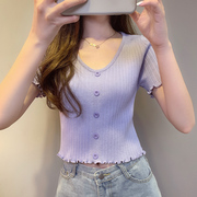 短袖女2024年夏紫色(夏紫色)露脐薄款纯色针织衫，韩版女装冰丝t恤上衣