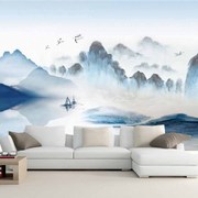 新中式简约现代电视背景墙纸，壁画客厅沙发墙布，水墨山水画壁纸壁布