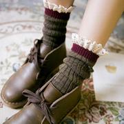 春秋季蕾丝花边撞色中筒女袜日系复古学院风粗针线厚款堆堆长袜