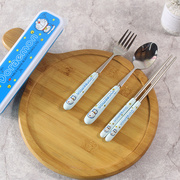 儿童陶瓷柄不锈钢餐具三件套筷子勺子卡通学生便捷收纳盒叉子套装