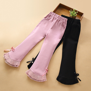 儿童裤子女童微喇叭裤春秋季穿女孩紧身裤弹力洋气黑色粉红色长裤