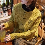 姜黄色(姜黄色)毛衣外套，法式宽松针织开衫秋冬小香风高级感软糯上衣女
