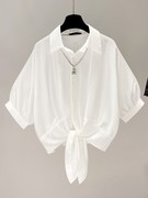 白色短袖雪纺衬衫女士夏季设计感系带收腰衬衣开衫宽松蝙蝠袖上衣