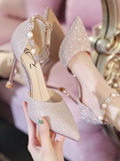 银色气质水晶鞋主纱婚鞋女2023平时日常可穿结婚鞋子新娘鞋夏