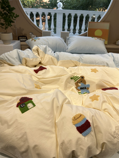 日系卡通水洗棉毛巾，绣小熊床上四件套全棉1.5m1.8米宿舍公寓被套