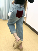 复古蓝牛仔裤女大码胖mm春季梨形，身材浅色拼接宽松高腰直筒裤