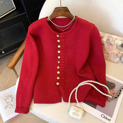 春装女2024年红色毛衣开衫女士短款小香风针织衫开衫洋气上衣
