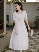 法式初恋白色连衣裙女夏森系小清新长裙子复古超仙气质甜美小白裙