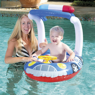 儿童遮阳小船防晒警车坐圈宝宝浮排水上充气坐骑救生游泳圈座浮床