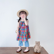 女童格子连衣裙2023韩版洋气，女宝宝夏季彩虹裙，针织喇叭九分裤