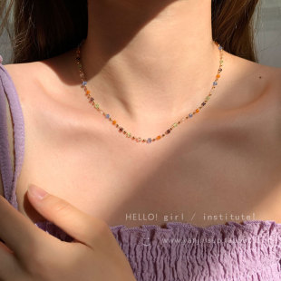 彩色水晶串珠项链女2024轻奢小众设计感choker颈链锁骨链