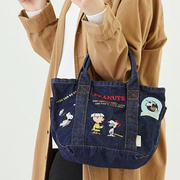 日本史努比牛仔帆布手提包，卡通可爱刺绣小包，女便携手拎饭盒包
