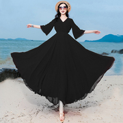 黑色沙滩裙2023长雪纺连衣裙显瘦遮肉波西米亚长裙夏季到脚踝