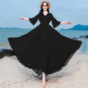 黑色沙滩裙2024长雪纺连衣裙显瘦遮肉波西米亚长裙夏季到脚踝