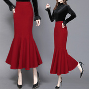 红色半身裙长裙女高腰显瘦包臀裙不规则鱼尾裙