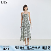 lily2024夏女装(夏女装)复古浪漫印花优雅通勤款收腰显瘦吊带连衣裙女