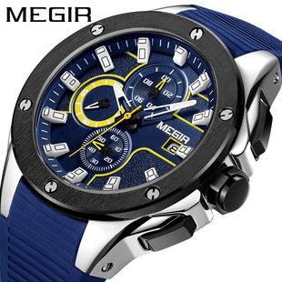 美格尔MEGIR男士多功能计时三针运动硅胶果冻石英复古创意腕手表