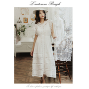 法式态度  vintage 蕾丝荷叶边拼接白色纯棉波点镂空连衣裙长款