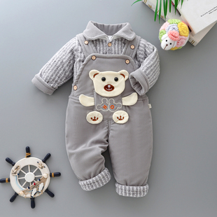 婴儿秋冬季衣服背带裤两件套0-2岁男宝宝加棉保暖衣服套装灯芯绒