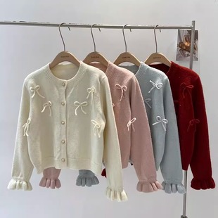 设计感蝴蝶结喇叭袖，毛衣外套女2024冬季韩版宽松甜美针织开衫