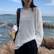 韩国chic春季法式气质圆领镂空透视设计宽松休闲纯色长袖针织毛衣