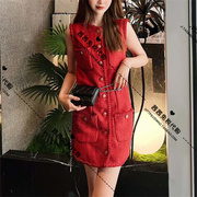 spclear小香风轻奢红色，无袖连衣裙女2023春高级感法式直筒裙