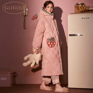 gukoo果壳睡衣女冬夹棉款草莓系列三层夹棉加绒加厚家居服睡袍