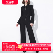 AUI黑色新中式御姐气质职业套装女2024秋短外套阔腿裤两件套