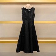 D家黑色无袖连衣裙秋装2023女装法式收腰系带提花裙子