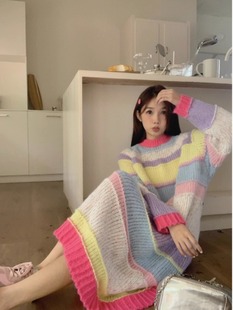 韩系甜美风彩虹色长袖针织连衣裙女秋季拼接设计感小众宽松中长裙