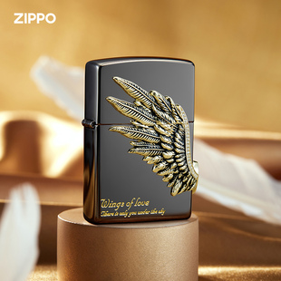 zippo打火机黑冰爱神之翼镶钻爱心墨宝石，正版送男友礼物