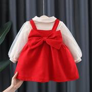 女童背带春秋款女宝宝周岁礼服儿童红色裙子婴幼儿公主裙套装0-5