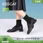 接吻猫秋季英伦风中筒靴时尚设计感乐福袜靴方头，粗跟学院弹力靴女