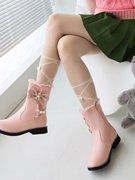 女童靴子2023秋冬季加绒短靴小女孩公主粉色皮靴，儿童平底马丁靴